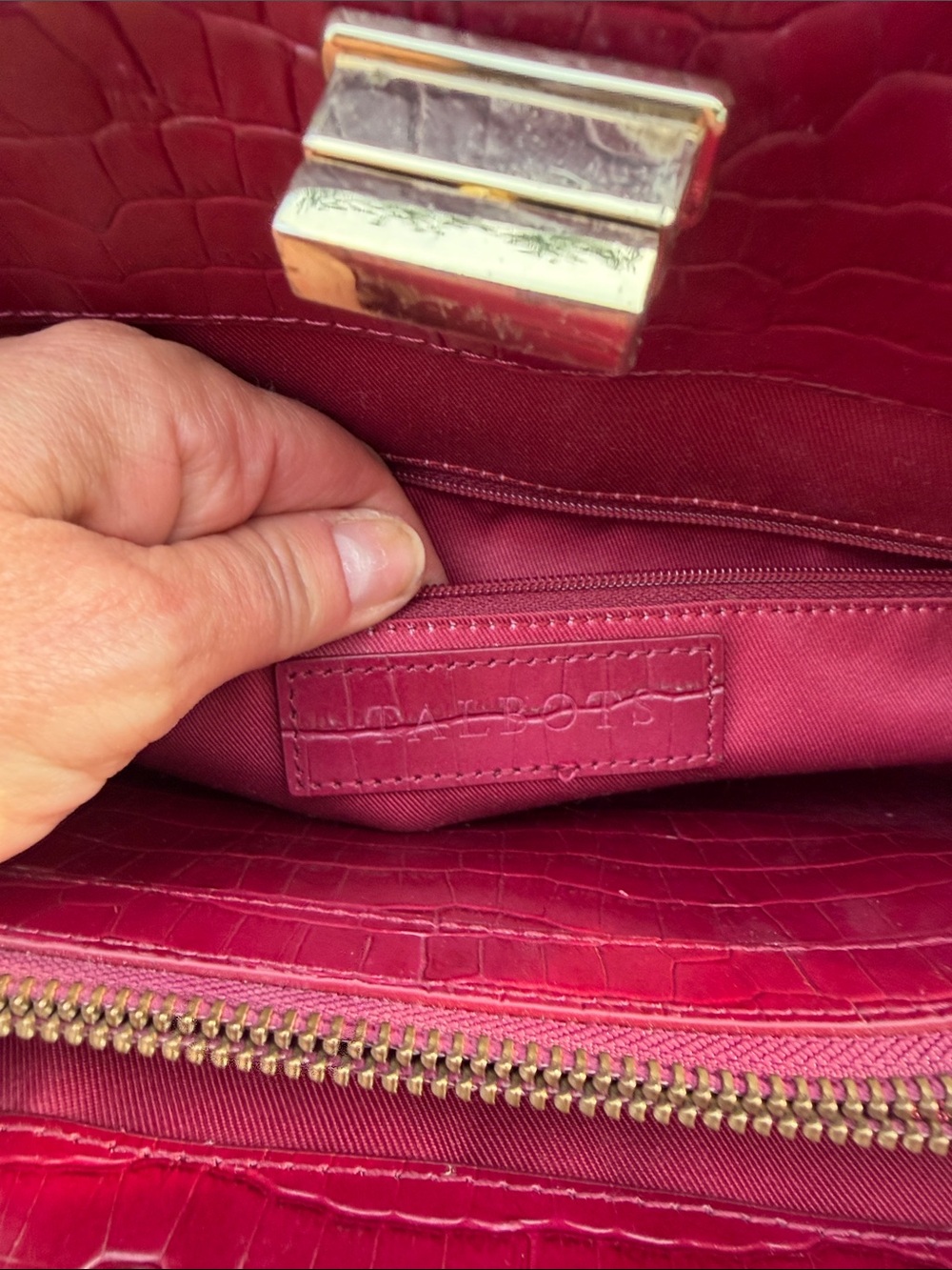 Talbots ~ Deep Red Croc-Embossed Tote Bag with Turn-Lock Closure - Picture 7 of 10